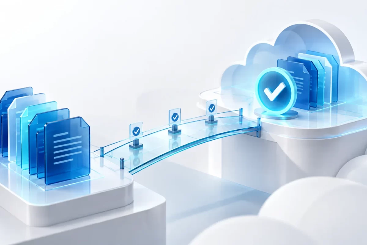 Documents connected to a blue cloud through migration validation checkpoints