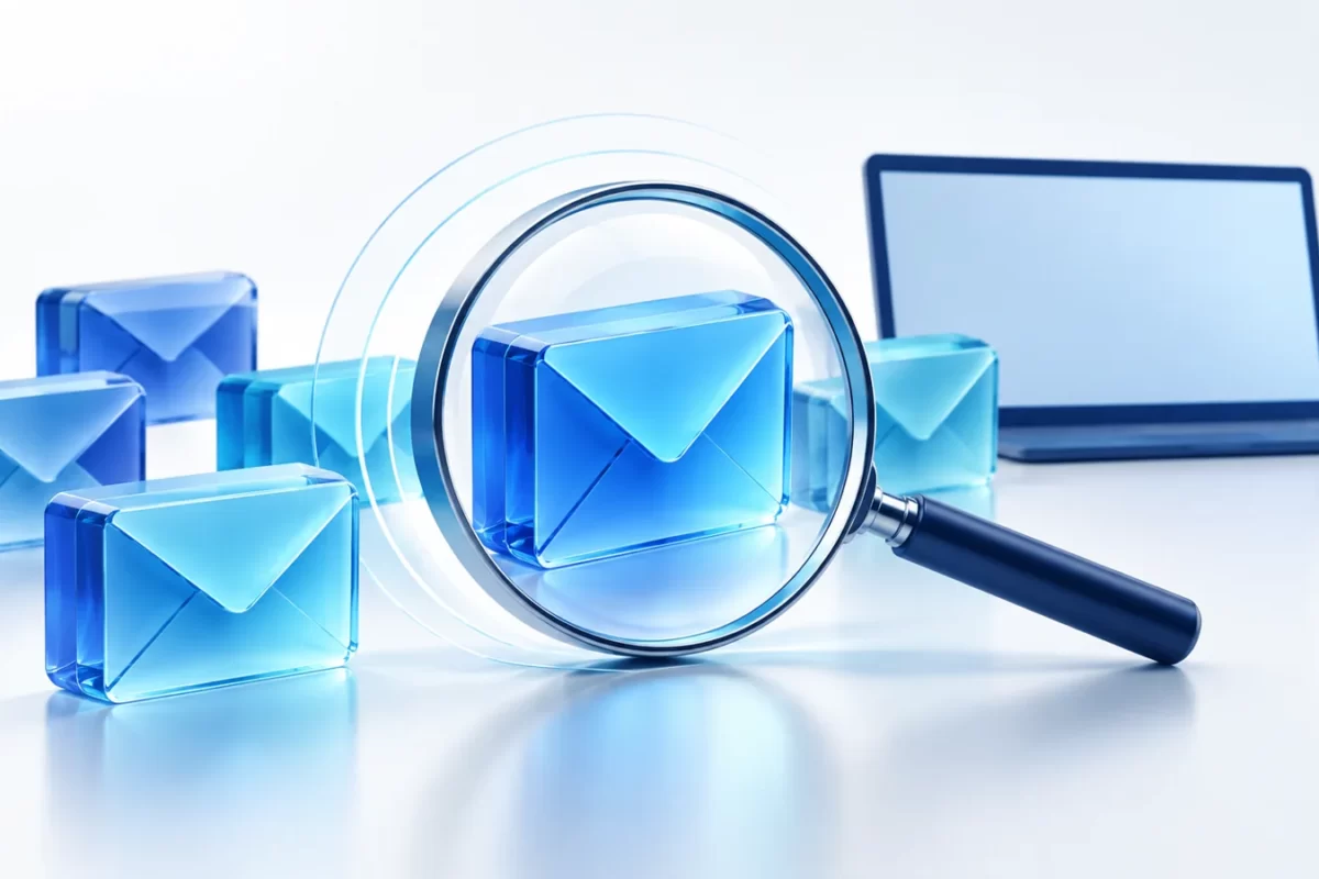 Blue shared mailboxes beneath a magnifying lens beside a laptop